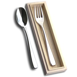 Nagao Migaki Curry Spoon Pasta Fork Set, 18-8 Stainless Steel, in a Wooden Box, Made in Japan