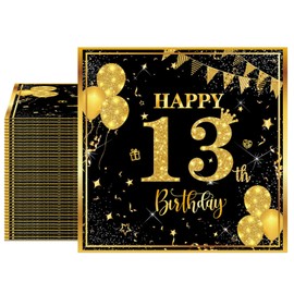 40pcs 13th Happy Birthday Napkins Black and Gold Happy Birthday Party Napkins - Exceptional 13th Birthday Decorations for Boys and Girls Parties, Disposable Paper Beverage Napkins
