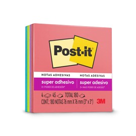 Post-it Notas Súper Adhesivas, Doble poder de adhesión, Colores Neón, 7.6cm x 7.6 cm, 4 pads, 45 hojas por pad