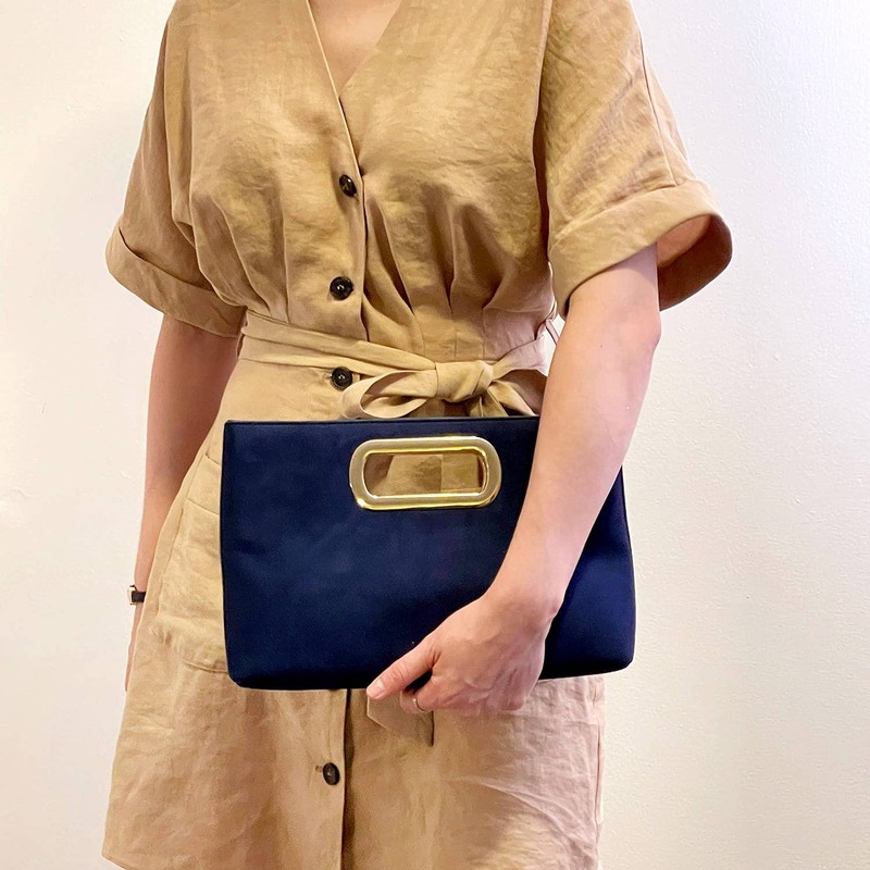 Top Handle Faux Suede Clutch, Navy