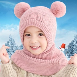 Roysmart Children's Winter Hat Girls Winter Hat Warm Cute Scarf Hat Children's Bobble Hat Scarf Hat Knitted Hat with Bobble Beanie Knitted Hat Scarf Hat Fleece Hat for Children Girls, pink