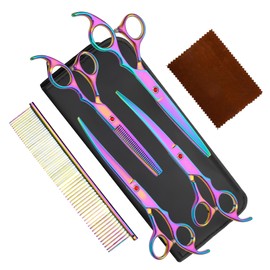 "7.0" Professional Dog Grooming Scissors Set - 6 in 1 Titanium Straight, Thinning, Curved, Chunkers & Comb for Dogs, Cats" (Colorful)