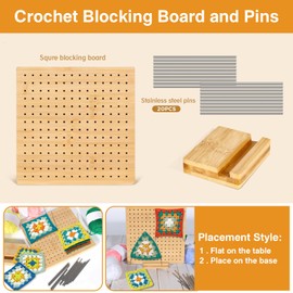 Granny Square Tensione Bamboo Handcrafted Crochet Blocking Board and 20 Stainless Steel Rod Pins 20x20cm Granny Square Blocking Board for Tensioning Small Knitting or Crochet Parts