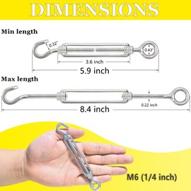 Turnbuckle Lsqurel 10PCS 304 Stainless Steel Turnbuckle Hook and Eye Heavy Duty M4 M6 M8 M10 Tensioner Adjustable Shade Sail Hardware for Tightening up Metal Cable Wire 5/32 1/4 5/16 3/8