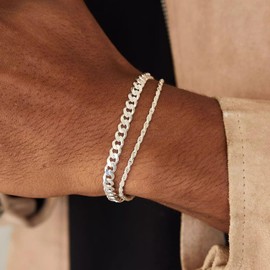 RadiVibe Men's Bracelet Silver Chain Bracelet 14K Gold Plated Cuban Link Stackable Bracelets Gifts for Him, Metal, No gemstone