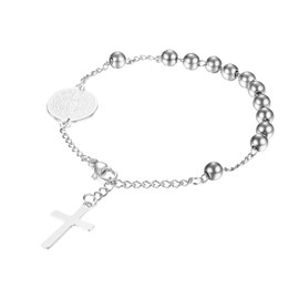 Cupimatch Women's Rosary Bracelet, Silver: Religious Bracelet with Latin Cross Pendant, Stainless Steel, Saint Benedict Medal Plaque, Adjustable Jewellery Gift for Women and Girls, Stainless Steel