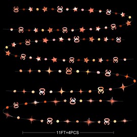 Rose Gold 30th Birthday Garlands Decorations Number 30 Circle Dot Twinkle Star Banner Metallic Hanging Streamer Bunting Backdrop for Her 30 Years Old Birthday Thirty Anniversary Party Decor Supplies