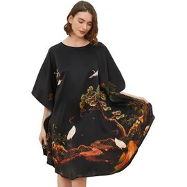 Ledamon Women's 100% Silk Short Robe Bathrobe Nightgown Pajama Sleepwear -Classic Batwing Sleeved (Black-A)