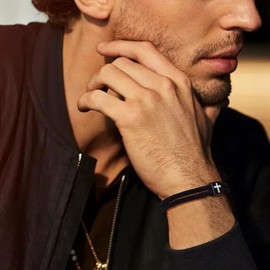 Lantine Baptism Cross Charm Bracelet for Men Unisex Nautical Adjustable Black Rope Bracelet for Friends Brother With Card 18-34CM, 21, no gemstone
