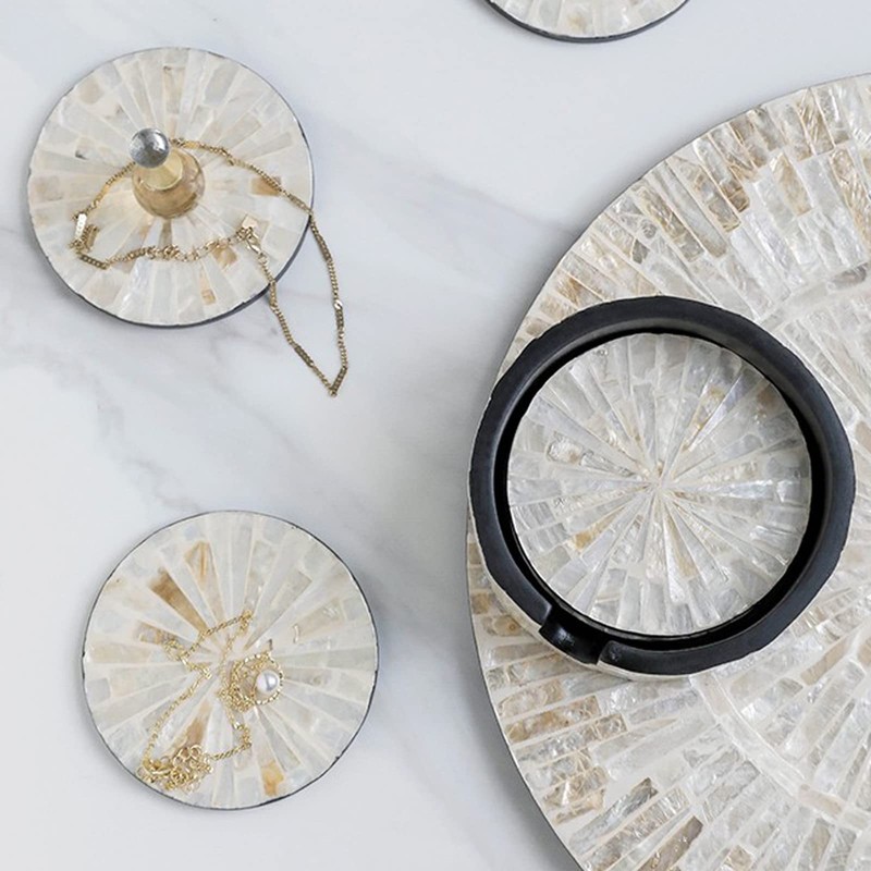 I-lan 6Packs Mother of Pearl Coasters with Holder, Shiny Cream
