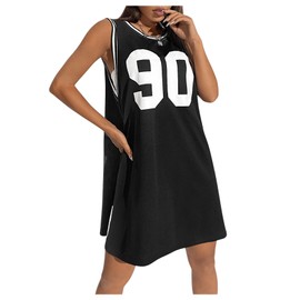 Verdusa Women's Jersey Letter Printed Tank Dress Summer Crew Neck Sleeveless Short Dresses Black Large