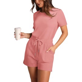 XIEERDUO Plus Size Rompers for Women Summer Athleisure Wear with Pockets Short Jumpsuits for Women Light Orange Pink XL