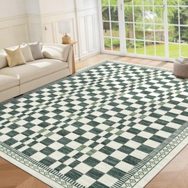GarveeHome Washable Area Rug 8x10 for Bedroom Modern Abstract Checkered Carpet Non-Slip Low Pile Stain-Resistant Rugs No-Shedding High Traffic Dining Area Rug for Dorm Home Patio Laundry Room Green