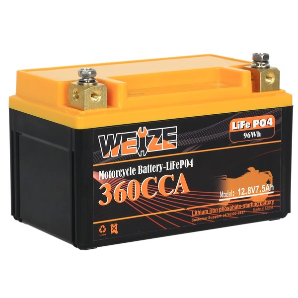 Weize YTX14-BS Lithium Battery, 360CCA, Built-in Smart BMS, 12 Volt 7.5AH YTX9-BS Lithium LiFePO4 Motorcycle Battery, YTX12-BS ATV Battery Compatible with Honda Suzuki Yamaha