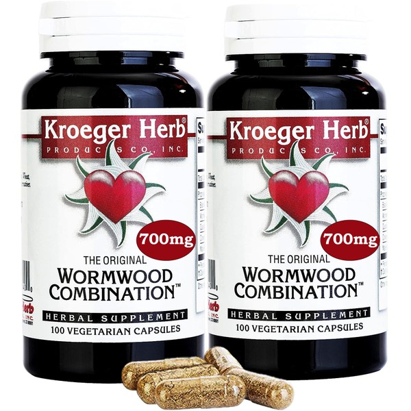 Kroeger Herb Wormwood Combination - 700mg - Vegetarian Capsules - 100 Caps | Pack of (2) | Our Powerful Combination Includes Wormwood, Black Walnut Leaves, Quassia, Cloves, and Male Fern
