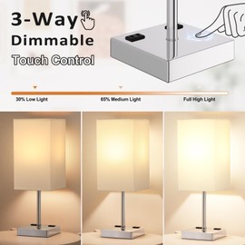 Touch Bedside Table Lamp For Nightstand - 3-Way Dimmable Night Lamp with USB A + Type C Charging Ports and two AC Outlets, Small Desk Light with E26 LED Bulb for Bedroom Living Room, WHITE PLUS