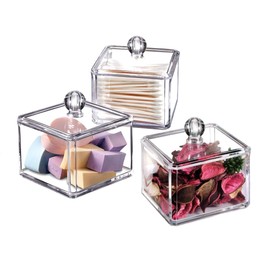 KW Collection Square Acrylic Cotton Ball Pads Gauze Swab Holder Organizer Q-tip Dispenser Storage Canister Bathroom Container Flossers Box Case (3.5 x 3.5 x 3 inches, Single Tier, Transparent)