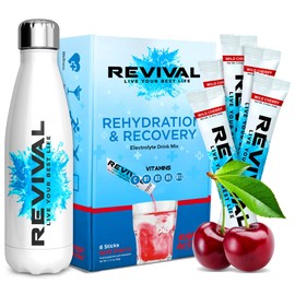 Revival Rapid Rehydration Starter Pack - 500ml Steel Water Bottle with 1 x 6 Packs Electrolytes Powder Sachets - Cherry