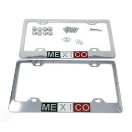 Mexico Mexican Flag Chrome Polished License Plate Frame, Front & Back (2 Frames) with Screws Caps for Car Vehicle Truck