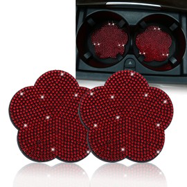 QODOLSI 2 PCS Bling Car Cup Coaster, 2.78 inch Rhinestone Anti-Slip Universal Cup Holders Coasters, Flower Style Embedded Decorative Coasters, Car Interior Accessories for Women and Men (Red)