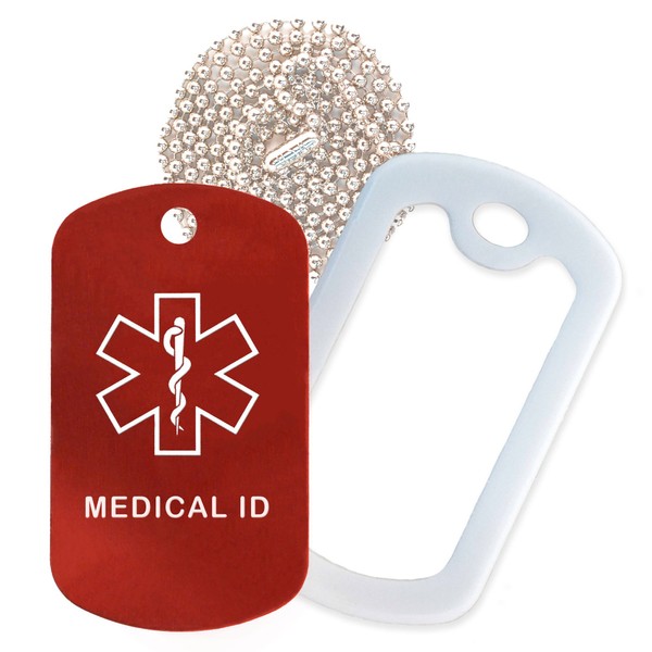 Medical Id Medical Alert ID Necklace with Red Tag, White Silencer, and 30'' USA Chain - 154 Color Choices