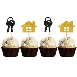 Welcome Home Cupcake Toppers - Housewarming Cupcake Decor - New Home Party Decor - New Home New Chapter Party Decorations Home Cupcake Toppers - 24 Pcs Gold Black Glitter