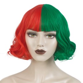 WeKen Green and Red Wig for Girls Short Wavy Half Red Half Green Wig with Bangs Girls Women Cosplay Synthetic Wig Daily Party
