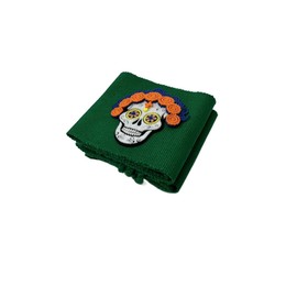 Day of the Dead Sugar Skull Belt, Green Canvas with Floral Crown Design, Mexican Folk Art Style