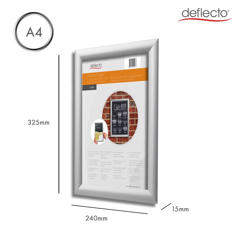 Deflecto A4 Snap Frame Silver - Aluminium Clip Frame for