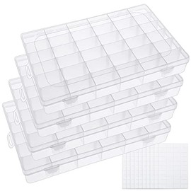 BAKHUK 4 Pack 36 Grids Clear Plastic Organizer Box Storage Container with Adjustable Divider Removable Grid with 400pcs Label Stickers for Washi Tape Jewelry Art DIY Crafts Beads Container