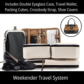 BORSALI Weekender Duffel Bag for Women with Packing Cubes, Travel Wallet, Shoe Covers, Sunglass Case Vegan Leather- Brown Bag & Black Sunglass Case with Removable Crossbody Chain