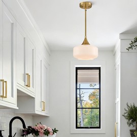 DAYCENT Gold Pendant Lights Kitchen Island Milk Glass Light Fixtures 9-Inch Modern Brass Chandelier Hardwired Vintage Glass Pendant Lighting for Dining Room Hallway Living Room, E26