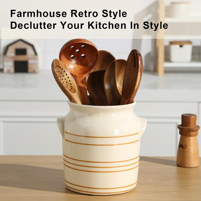 ATLZBLTCI Ceramic Farmhouse Kitchen Utensil Holder for Countertop, Rustic Cooking