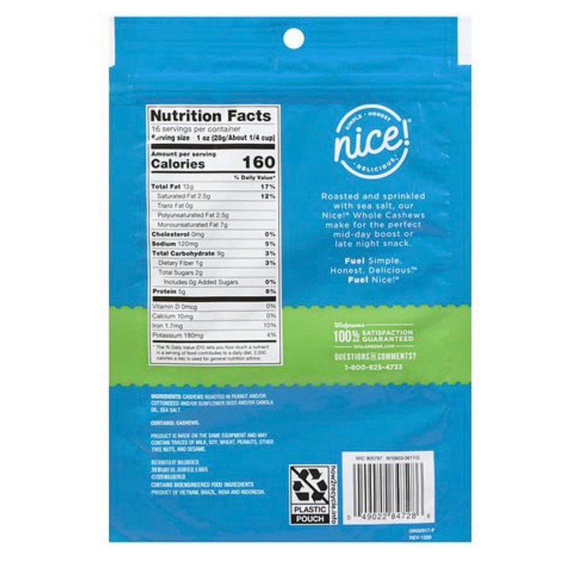 Nice Roasted Whole Cashews Sea Salt 16 oz (pack of