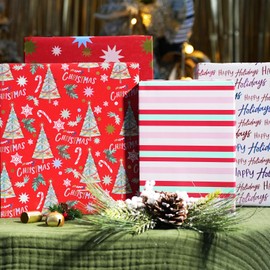LaRibbons Christmas Wrapping Paper Set, Design with Winter Tree, Happy Holiday Lettering, Including Gift Tags, Ribbons and Jute Twine, for Xmas, Holiday, 17Inch × 10Feet (4 Rolls: 56.68sq.ft.ttl)