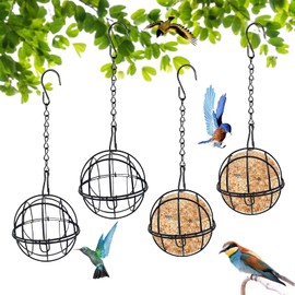4 Pcs Fat Ball Feeders Hanging Fat Ball Feeders and 4 S-shaped hooks,fatball bird feeders hanging for Outdoor Garden Wildlife Birds Finch Sparrow Robin suet ball feeder (Black)