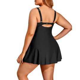 Holipick - Vestido de natación para Mujer, Talla Grande, Traje de baño de una Pieza con Falda, Cuello en V, Control de Abdomen, Negro -, 24 Plus