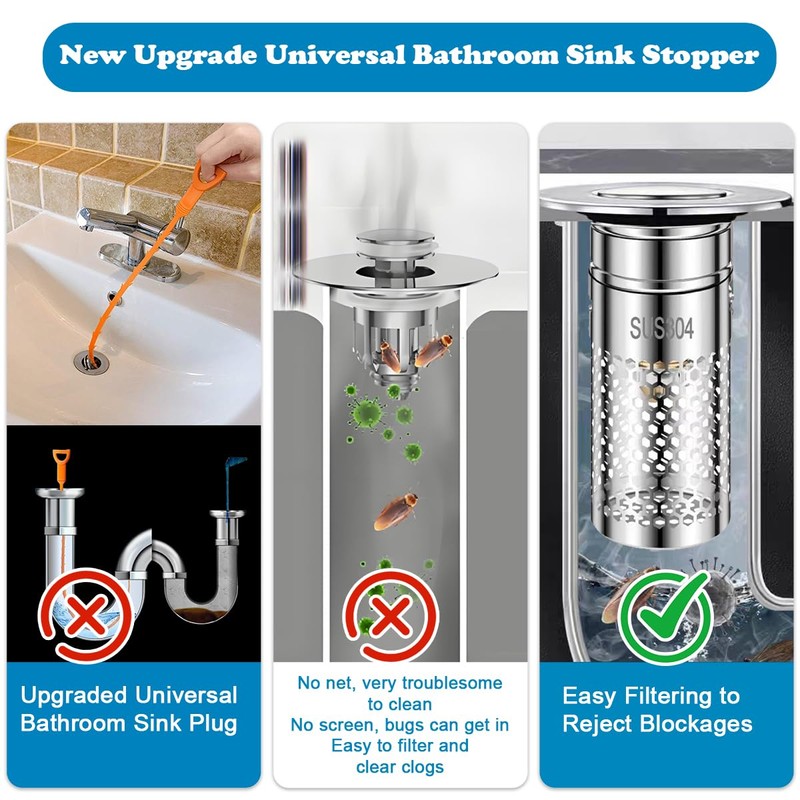 Bathroom Sink Stopper with Hair Catcher, 2Pcs Pop Up Sink