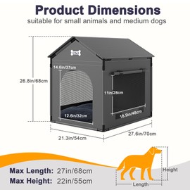 Large Dog House Indoor with Plush Cushion, Dog Kennel for Inside with Sturdy Frame, Waterproof Pet House Suitable for Small Medium Dogs, 27x21x27in, Gray