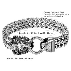 Men's Stainless Steel Lion Head Bracelet – Wide, Heavy Stainless Steel Bicycle Chain / Biker / Motorcycle Chain, High-Gloss Polished Rock & Roll Byzantine Chain / Curb Chain Bangle, Silver Black, Stainless Steel