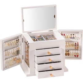 ProCase Large Jewelry Box, 5-Layer Wooden Jewelry Boxes for Women, Jewellery Holder Organizer Storage Case with Mirror for Earrings Necklace for Dresser -White