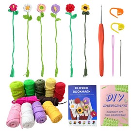 FDEETY Beginners Crochet Set for Beginners with Easy Yarn 6-Piece Flower Bookmark Crochet Set Instructions for Children Adults DIY