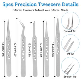 Sanhooii 5-Piece Tweezers Set Pointed & Curved Tips Sharp Tweezers Different Tips and Curved Tips for Crafts, Jewellery, Eyelash Extensions