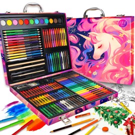 Cokiki Art Supplies,184-Piece Art Sets for Girls Ages 6-12,Unicorn Pink Princess Christmas Birthday Drawing Art Kit with Colored Pencils,Crayons,Oil Pastels,Watercolor Paint Set for Kids Girls Teens