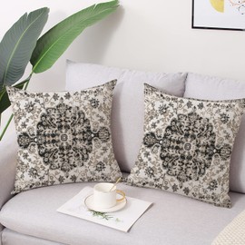 Gujiahone Outdoor Waterproof Pillow Covers 16X16 Inch Set of 2 Bohemian Vintage Carpet Pattern Pillow Covers Black Grey Ethnic Design Decorative Farmhouse Pillow Covers for Couch Garden Balcony