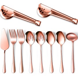 Serving Utensils Include Large Serving Spoons Slotted Serving Spoons Serving Forks Serving Tongs Soup Ladle and Pie Server Buffet Catering Serving Utensils for Dishwasher Safe (Rose Gold, 10 Pieces)
