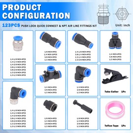 XaXmTee 123 Pcs Quick Connect Air Line Fittings Kit Pneumatic Push Lock Air Fittings 1/8",1/4",3/8",1/2" Push to Connect & NPT Thread Air Hose Fittings Quick Release Airline Fitting Kit