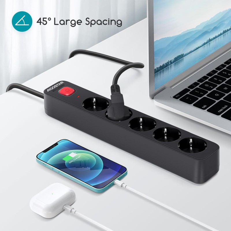 Aigostar 5-Way Power Strip with Switch, Multiple Socket with Child