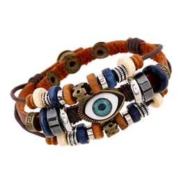 INMOFN Mens Womens Evil Eye Bracelet Leather Boho Vintage Beads Charm Wristband Bracelets Jewelry Gifts Adjustable (Brown-Button)