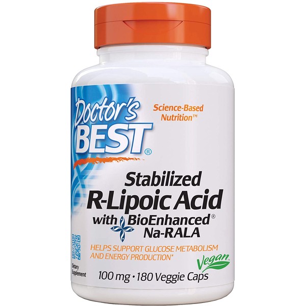 Doctor's Best Stabilized R-Lipoic Acid with BioEnhanced Na-RALA, Non-GMO, Gluten Free, Vegan, Helps Maintain Blood Sugar Levels, 100 mg, 180 Count